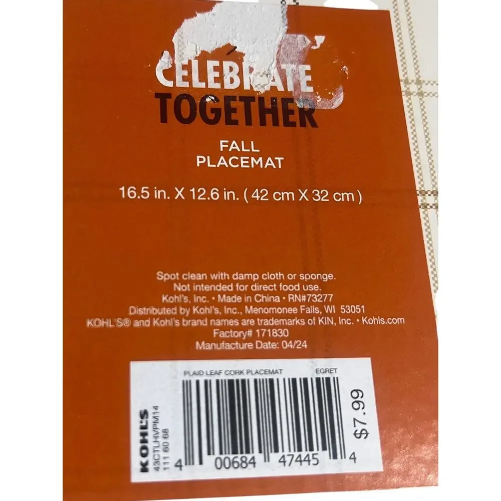 Celebrate Together 5 pc Hard Plaid Leaf Cork Back Placemat 16.5